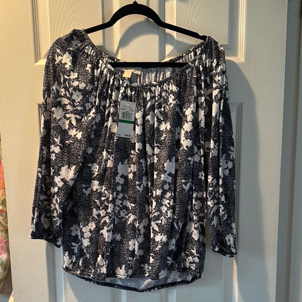 MICHAEL Michael Kors Black and White Ruched Blouse